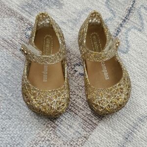 Mini Melissa Baby Girls Campana Silver/Gold Glitter Mary Jane Shoes Sz5